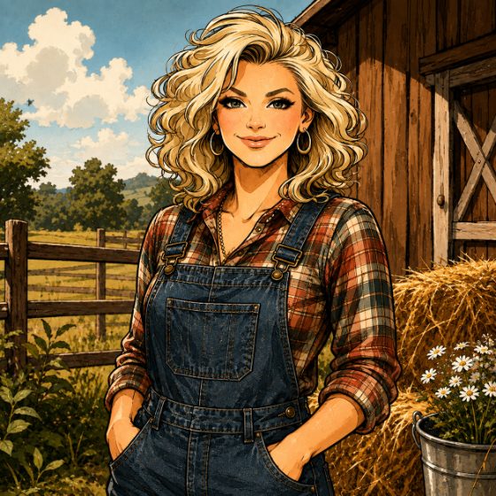Emily, by the barn in a flannel shirt and overalls