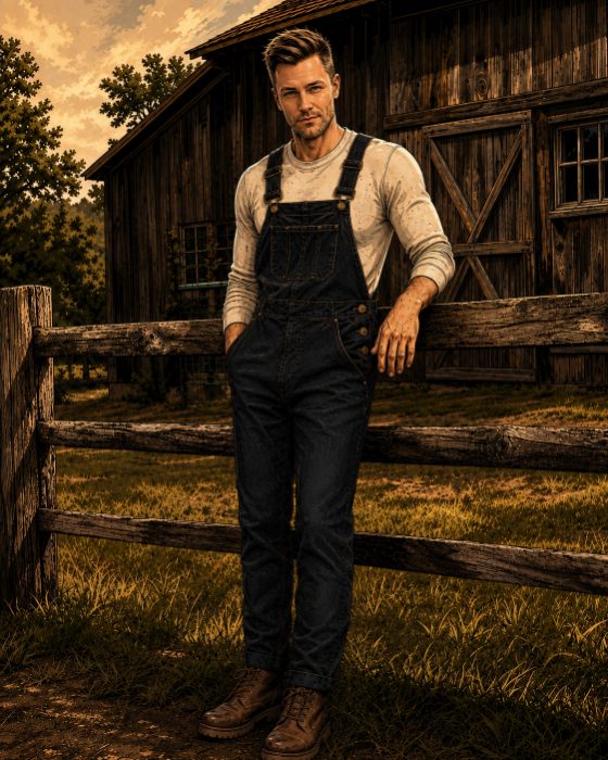 JT, in overalls at the fence line