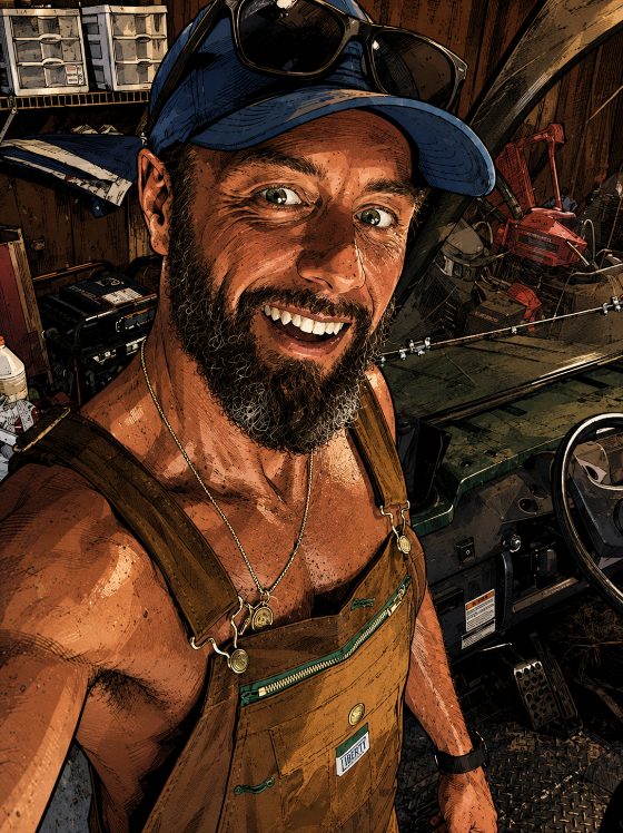 Erik, in the shed in a ball cap and overalls