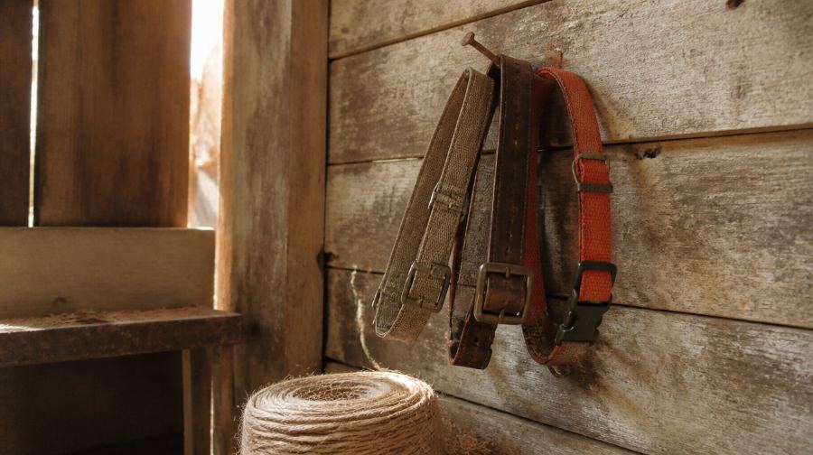 Three worn collars hanging on a nail in a feed shed