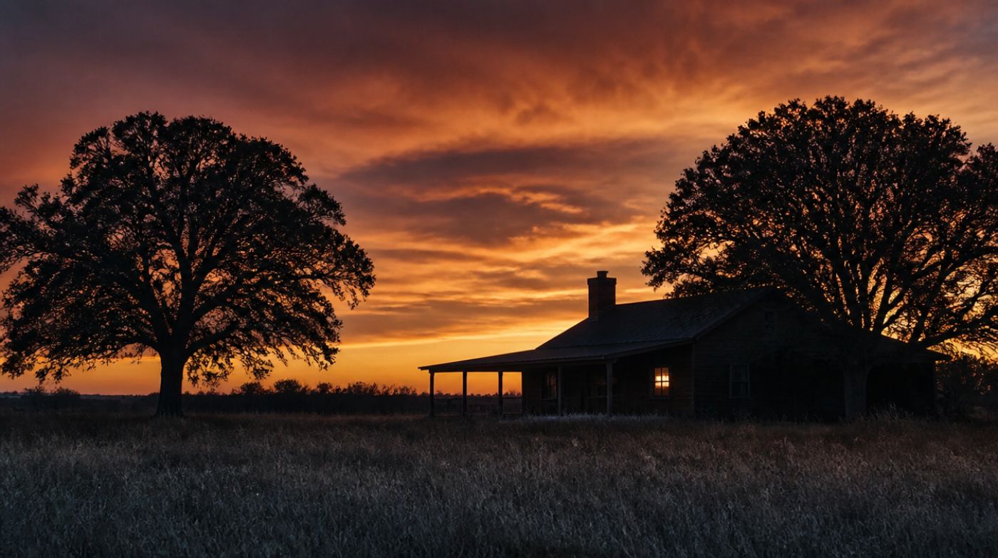 Farmhouse roofline against an amber dusk sky