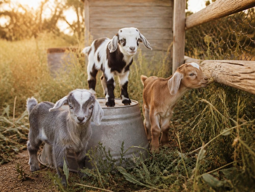 Three miniature goat kids in a farmyard at golden hour
