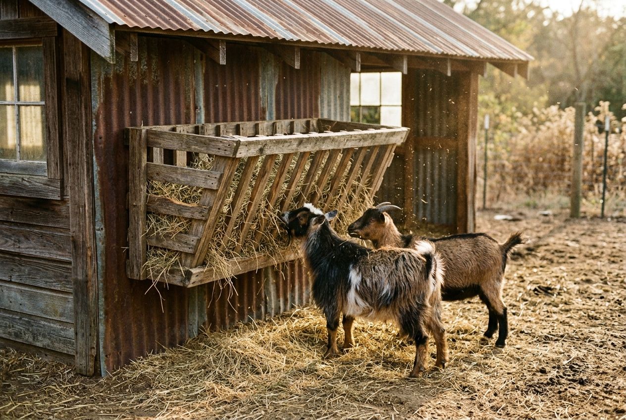 Two miniature goats eating from a wooden hay rack against a tin-roofed shed