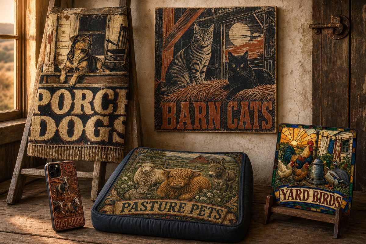 Porch Dog Supply goods — tooled phone case, printed blanket, wood sign and tile