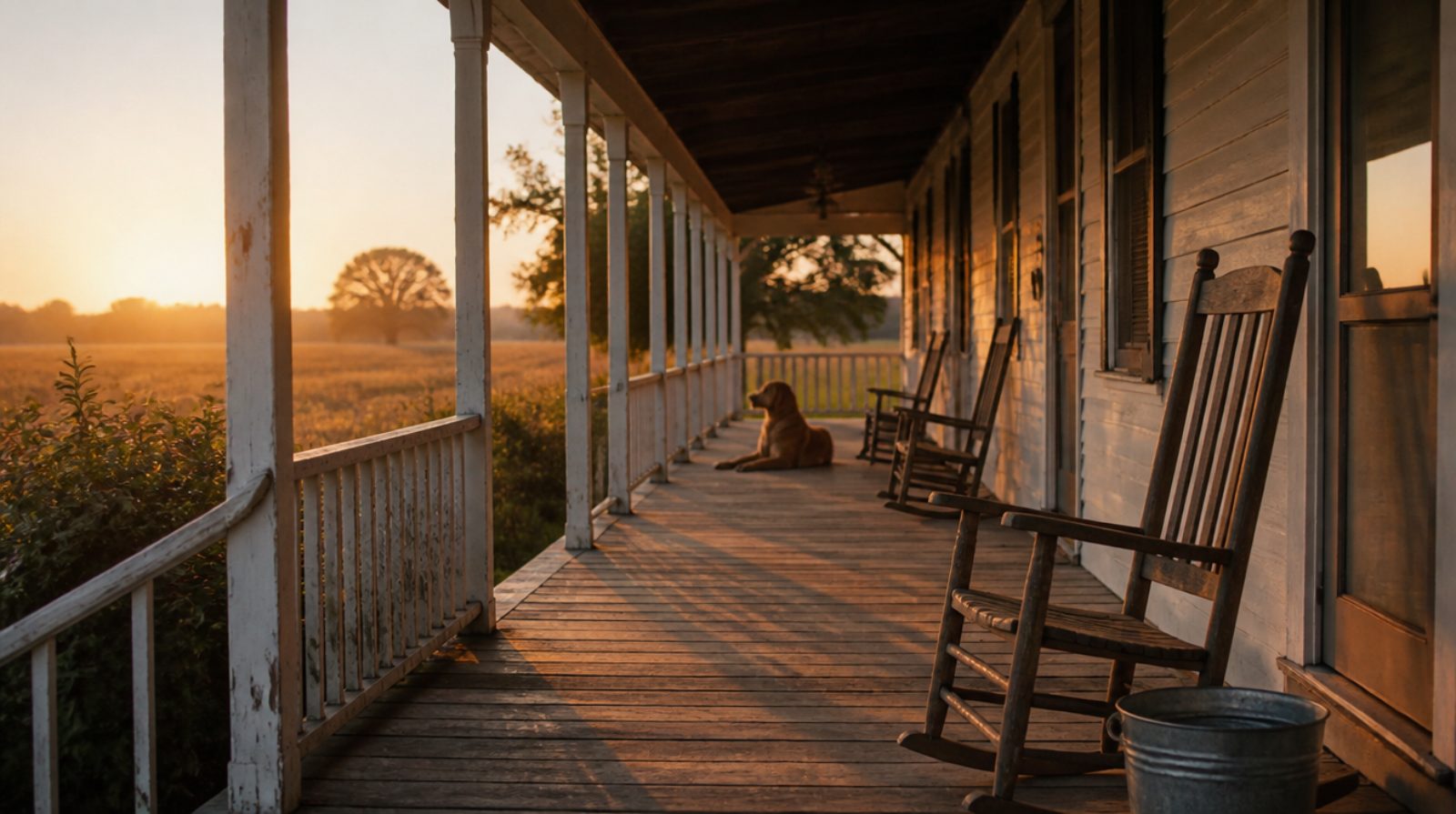 Looking down a Southern porch at golden hour
