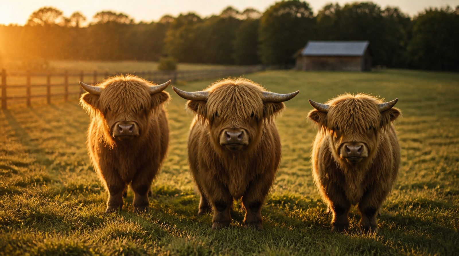 Miniature Highland cows in a Mississippi pasture at golden hour