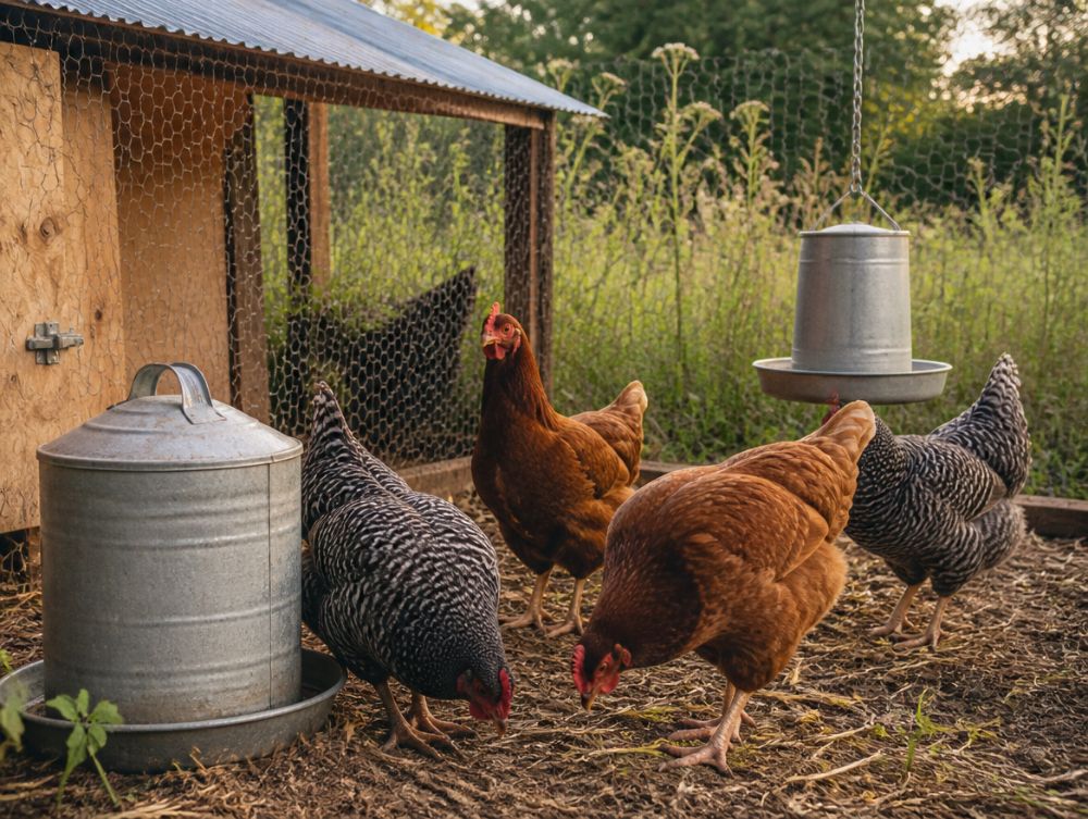 Hens around a galvanized fount